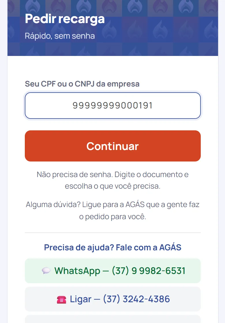 Digite o CPF ou CNPJ do local de entrega, só os números, e toque em Continuar.