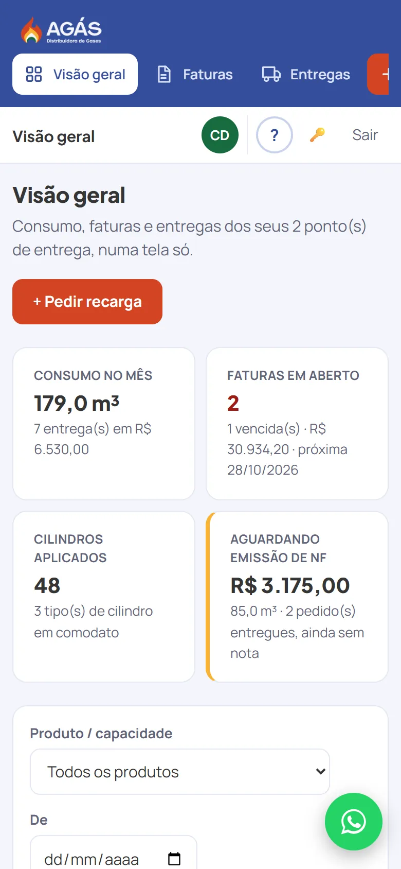 No celular, toque no botão verde do WhatsApp, no canto da tela. A conversa já abre com a AGÁS.